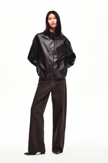 Zara 高領人造皮夾克 - 深棕色