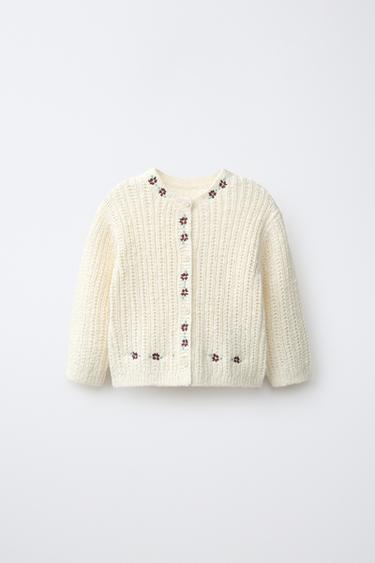 GILET EN MAILLE À FLEURS BRODÉES - Écru de Zara