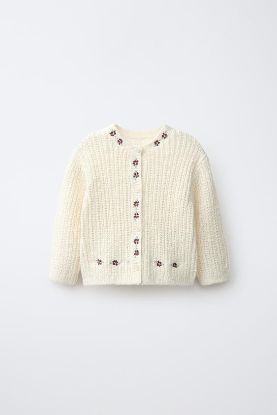 KNIT CARDIGAN WITH FLORAL EMBROIDERY - Ecru by Zara - Image 0
