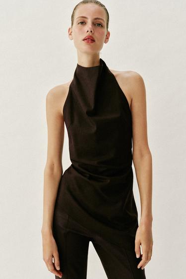 TOP HALTER CON LINO - Marrón oscuro de Zara