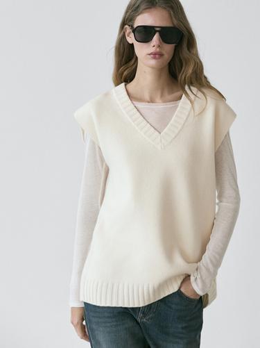 Zara Long wool knit vest - Oyster-white