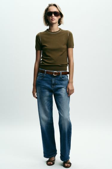 SHORT SLEEVE KNIT TOP WITH PIPED TRIMS - Khaki by Zara - Image 0