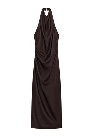 Zara LINEN HALTER NECK MIDI DRESS - Dark brown