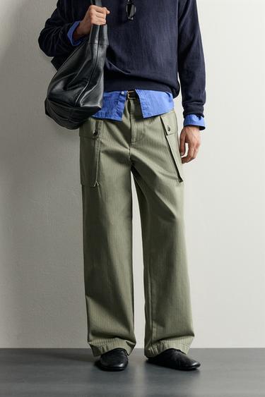 Zara HERRINGBONE CARGO TROUSERS - Khaki