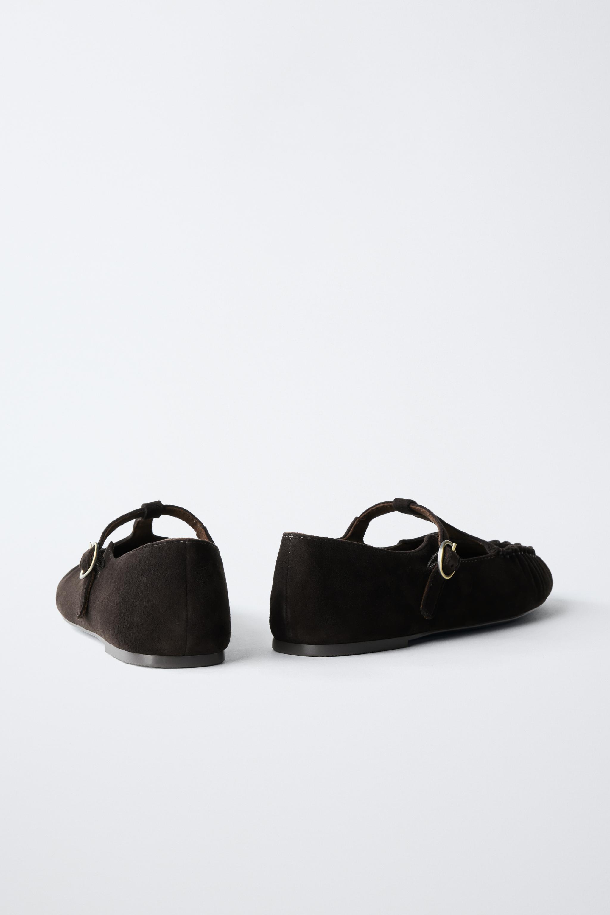 Обувь Zara LEATHER T-STRAP BALLET FLATS — фото 5