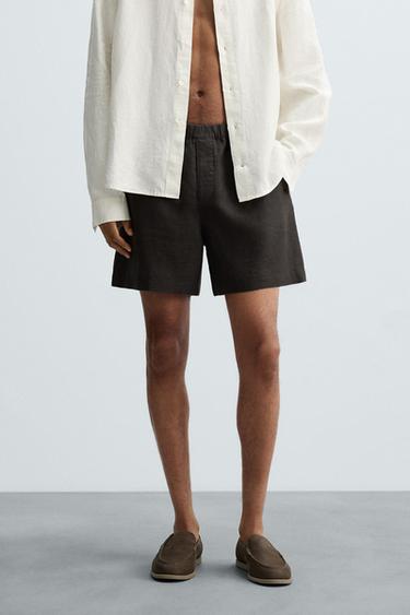Zara 100% LINEN BERMUDA SHORTS - Anthracite grey