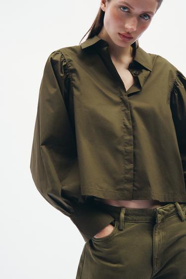Zara ZW COLLECTION PUFF SLEEVE POPLIN SHIRT - Khaki