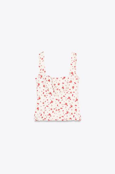 STRETCH POPLIN FLORAL TOP - Ecru / Red by Zara - Image 4