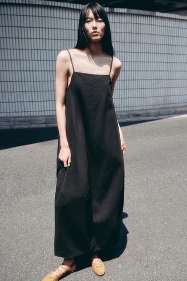 Zara 背面打褶中長版洋裝 - 黑色