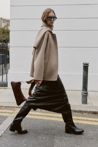 SHORT WOOL COAT WITH SCARF - Mink by Zara