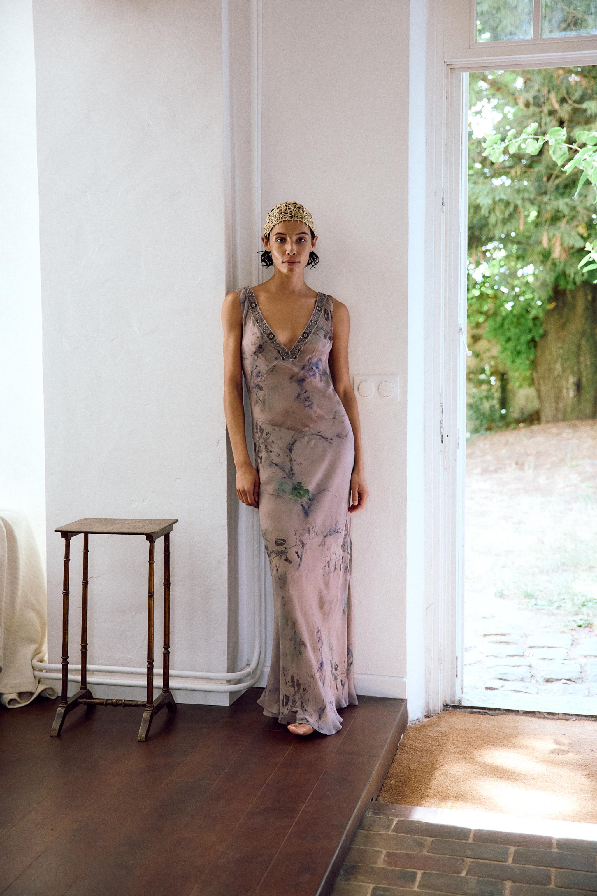 LONG EMBROIDERED PRINTED DRESS