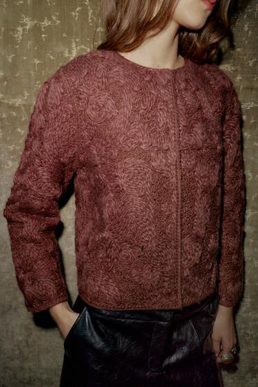 MACRAMÉ KNIT WOOL CARDIGAN - Aubergine by Zara