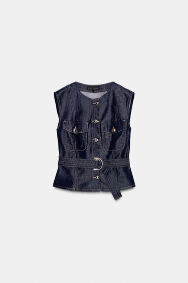 Zara Z1975 DENIM BELTED VEST - Blue
