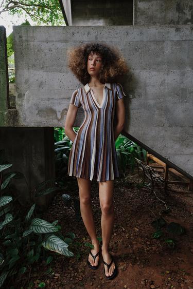 VESTIDO RAYAS CUELLO POLO - Marrón-Azul de Zara