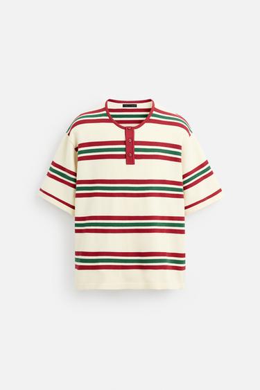 Zara STRIPED TEXTURED KNIT T-SHIRT - Red