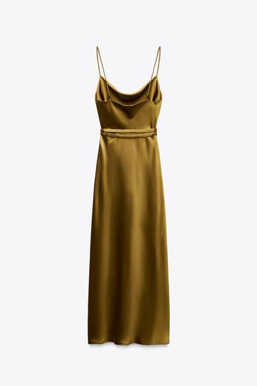 SATIN MIDI DRESS WITH BELT - Dark olive by Zara - Image 5