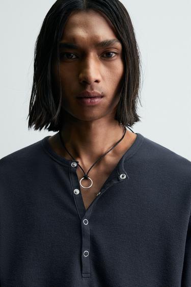 T-SHIRT COL TUNISIEN WAFFLE - Bleu moyen de Zara - Image 4