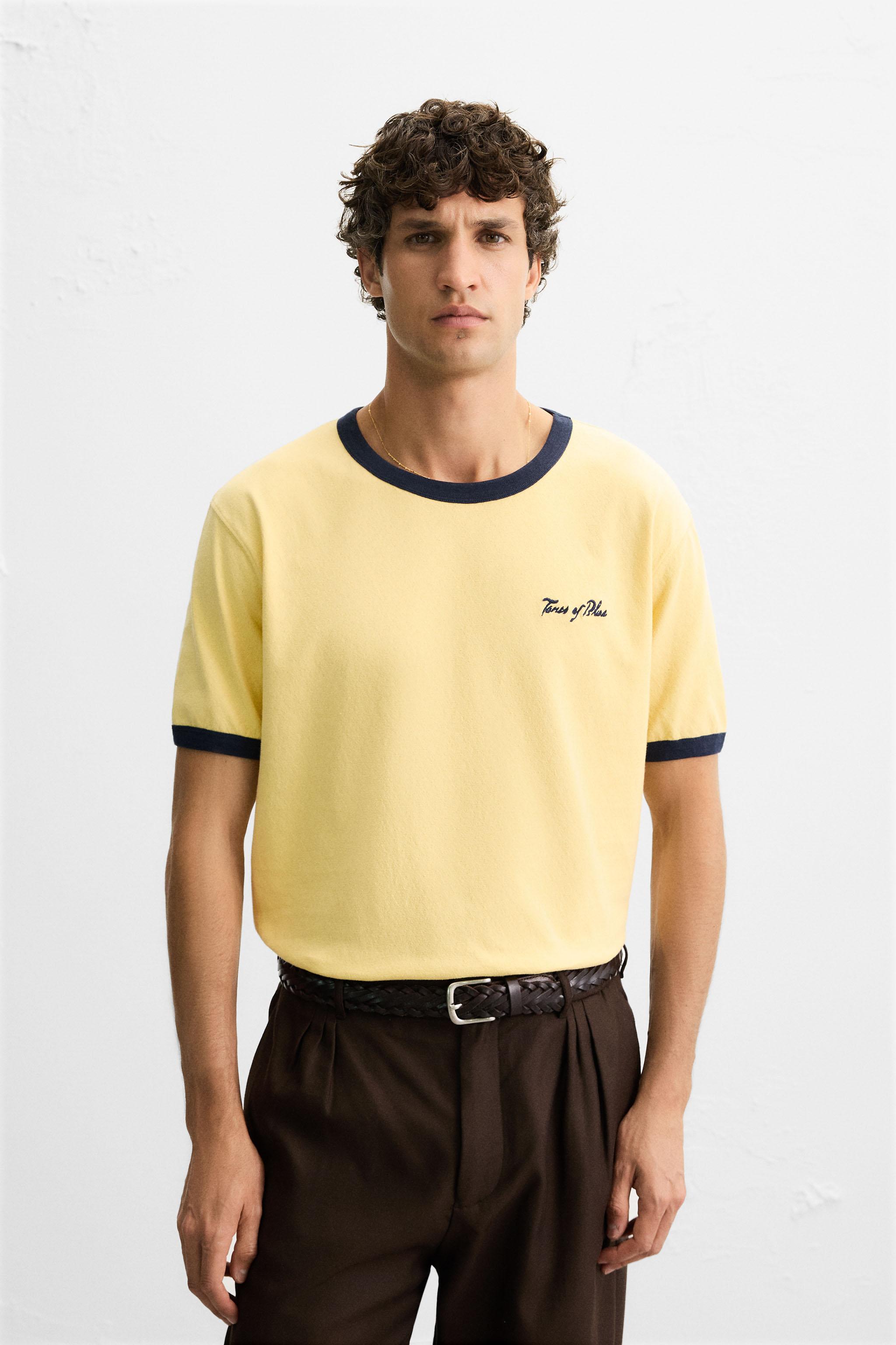 リブ編みウォッシュド刺繍Tシャツ - イエロー | ZARA Japan / 日本