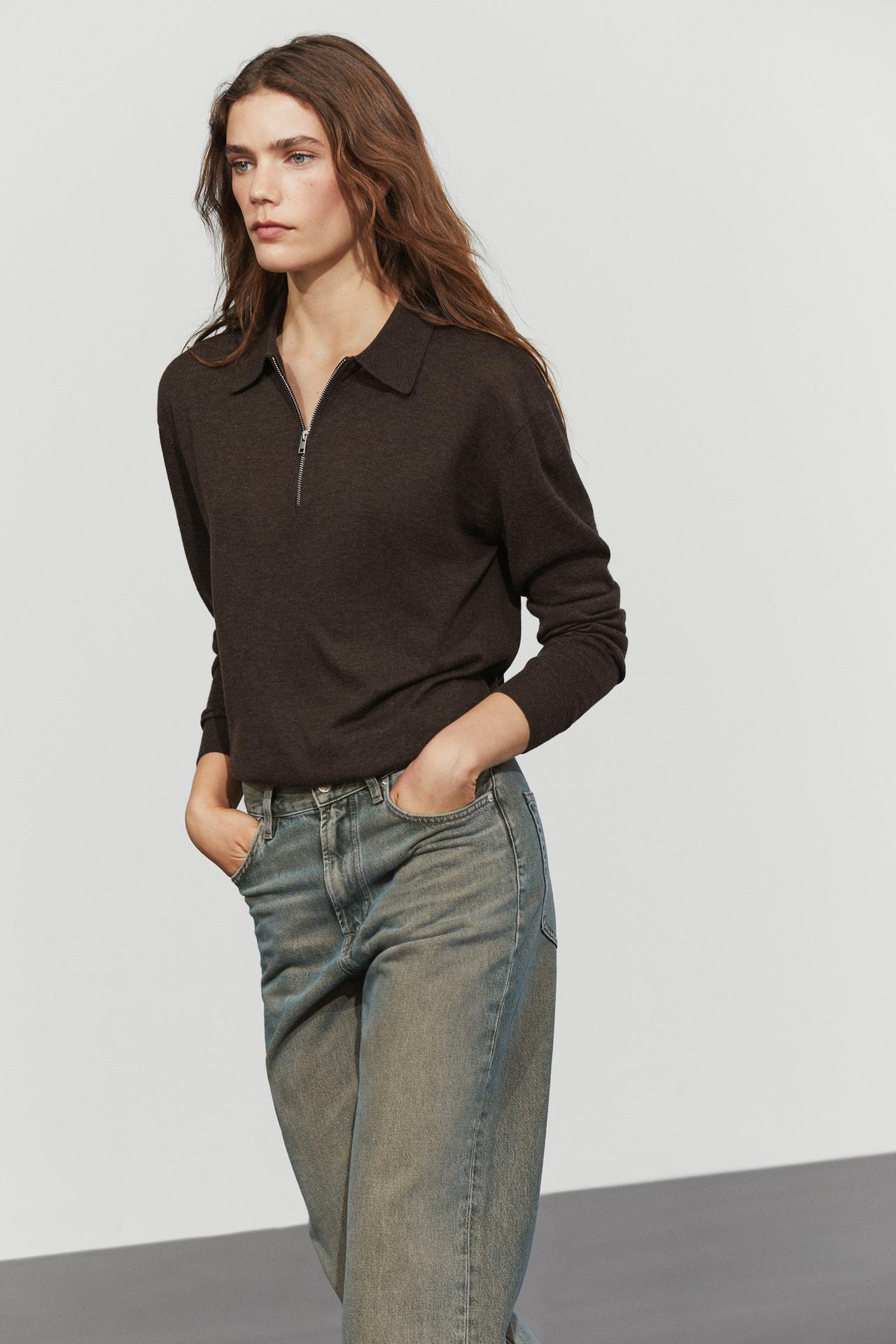Wool blend quarter-zip knit sweater — Chocolate brown