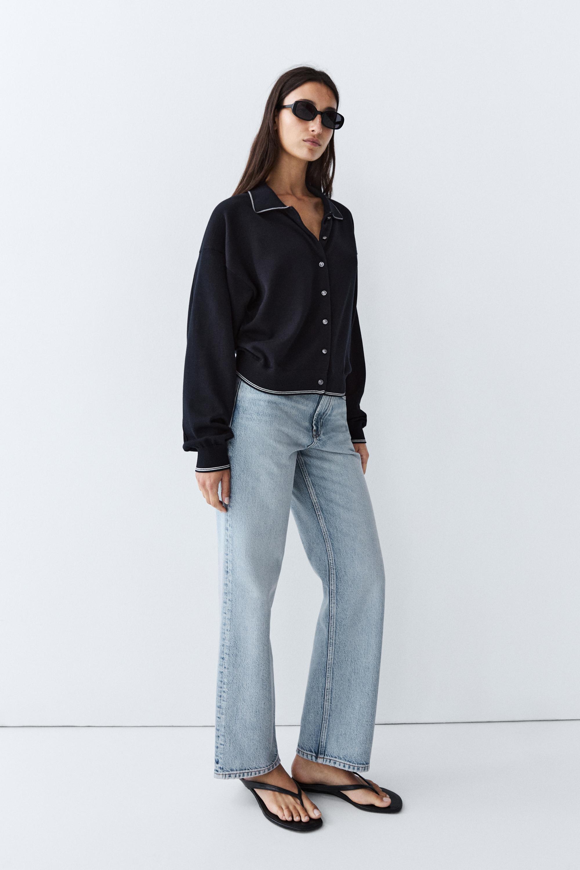 100% cotton contrast polo collar cardigan