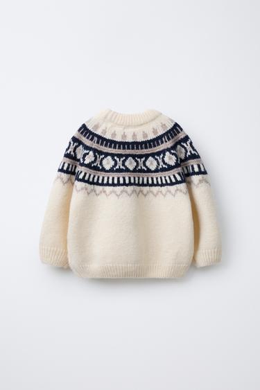 JACQUARD KNIT SWEATER - Ecru / Blue by Zara - Image 1