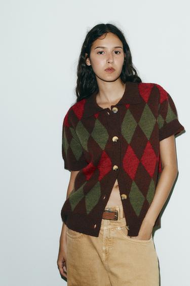 ARGYLE KNIT POLO CARDIGAN - Multicoloured by Zara - Image 1