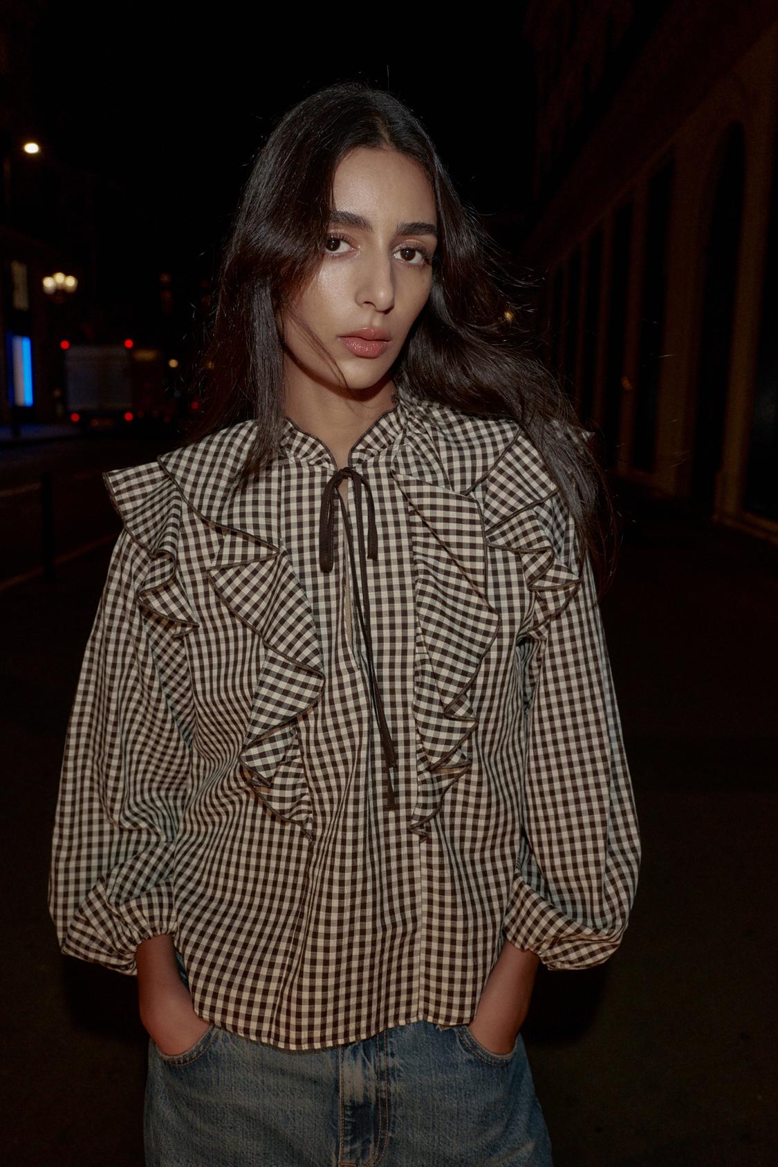 GINGHAM RUFFLE BLOUSE