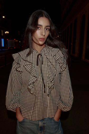 RUFFLED GINGHAM BLOUSE - Brown / Ecru by Zara