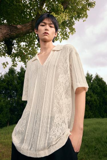 Zara 緹花結構POLO衫 - 裸色