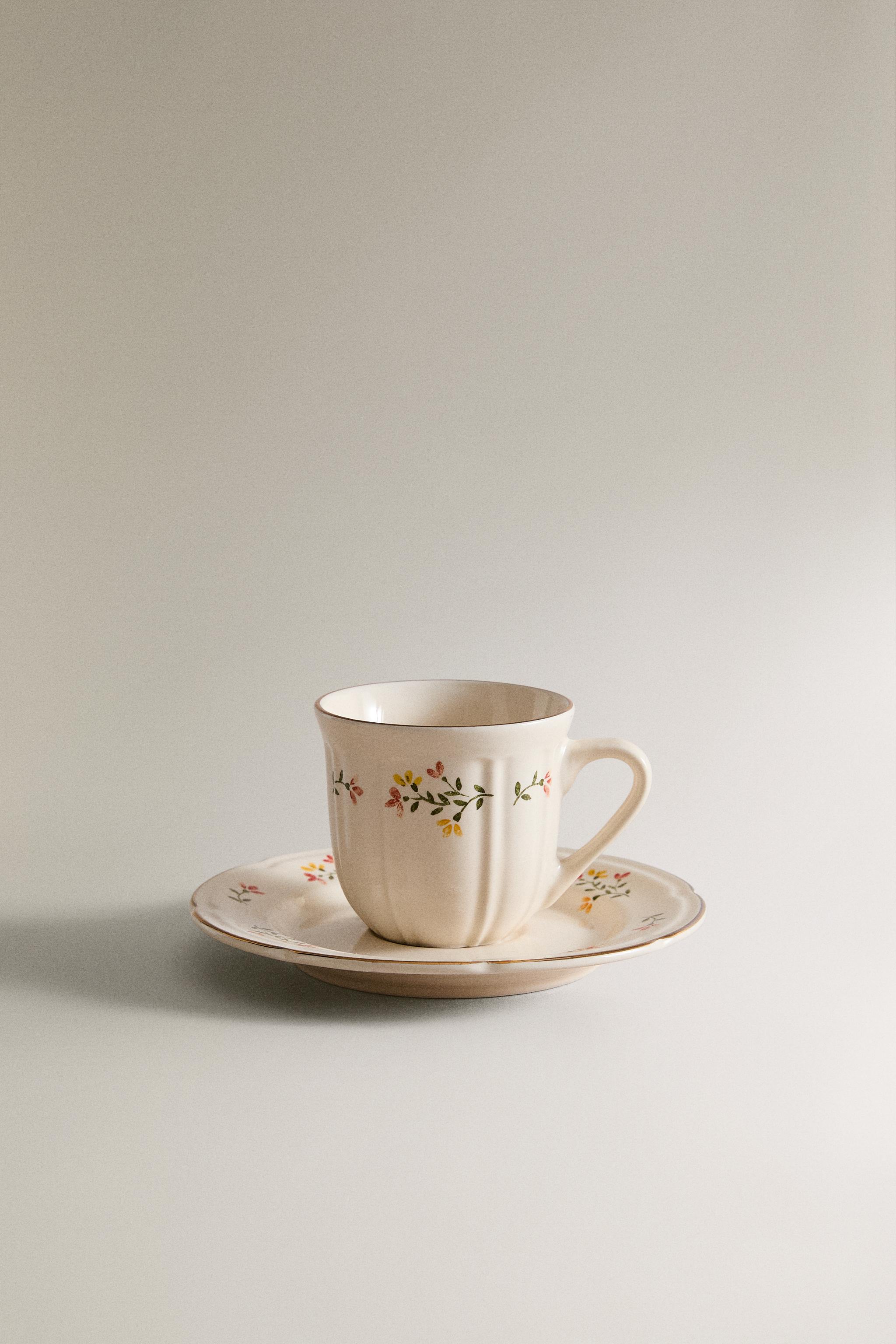 FLORAL PORCELAIN COFFEE CUP AND SAUCER — Cream
