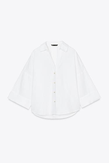 WIDE-SLEEVE LINEN BLEND SHIRT - White by Zara - Image 3