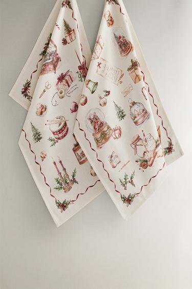 Zara COTTON TEA TOWEL WITH CHRISTMAS PRINT PACK (PACK OF 2) - 綠色