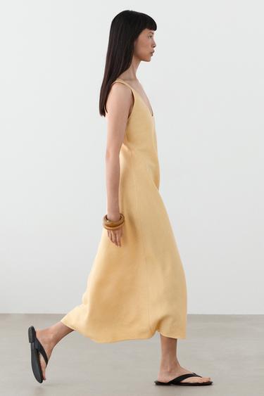 Zara 100% linen strappy midi dress - Yellow
