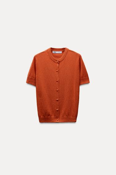 Zara PLAIN KNIT BASIC SHORT SLEEVE JACKET - Russet