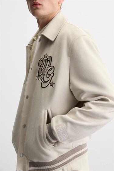 FAUX SUEDE VARSITY JACKET WITH PATCHES - Oyster-white by Zara
