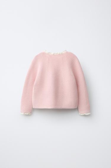 INTERLOCK KNIT CARDIGAN WITH LACE TRIM - Pastel pink by Zara - Image 1