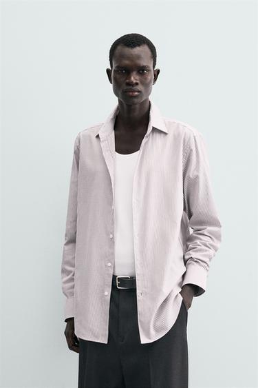 Zara SLIM FIT STRIPED SHIRT - taupe brown