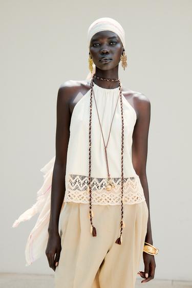 Zara RUSTIC CROCHET HEM TOP - Light beige