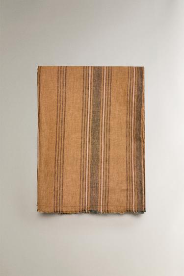 Zaras RANDIG LINNEPLÄD - Sandfärgad