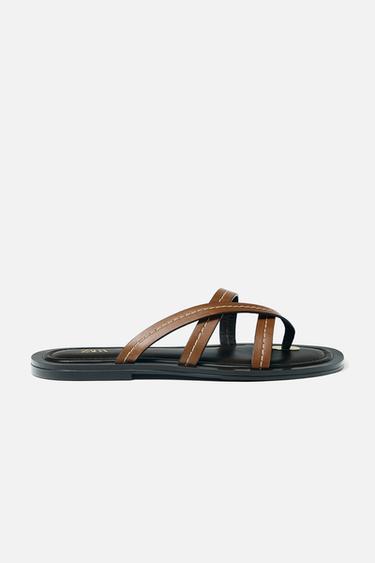 Zara LEATHER STRAPPY FLAT SANDALS - Brown