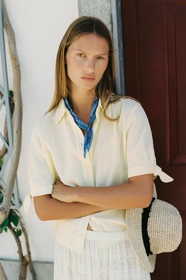 ラミーリボン付きショートスリーブシャツイエローZaraのラミーリボン付きショートスリーブシャツ - イエロー