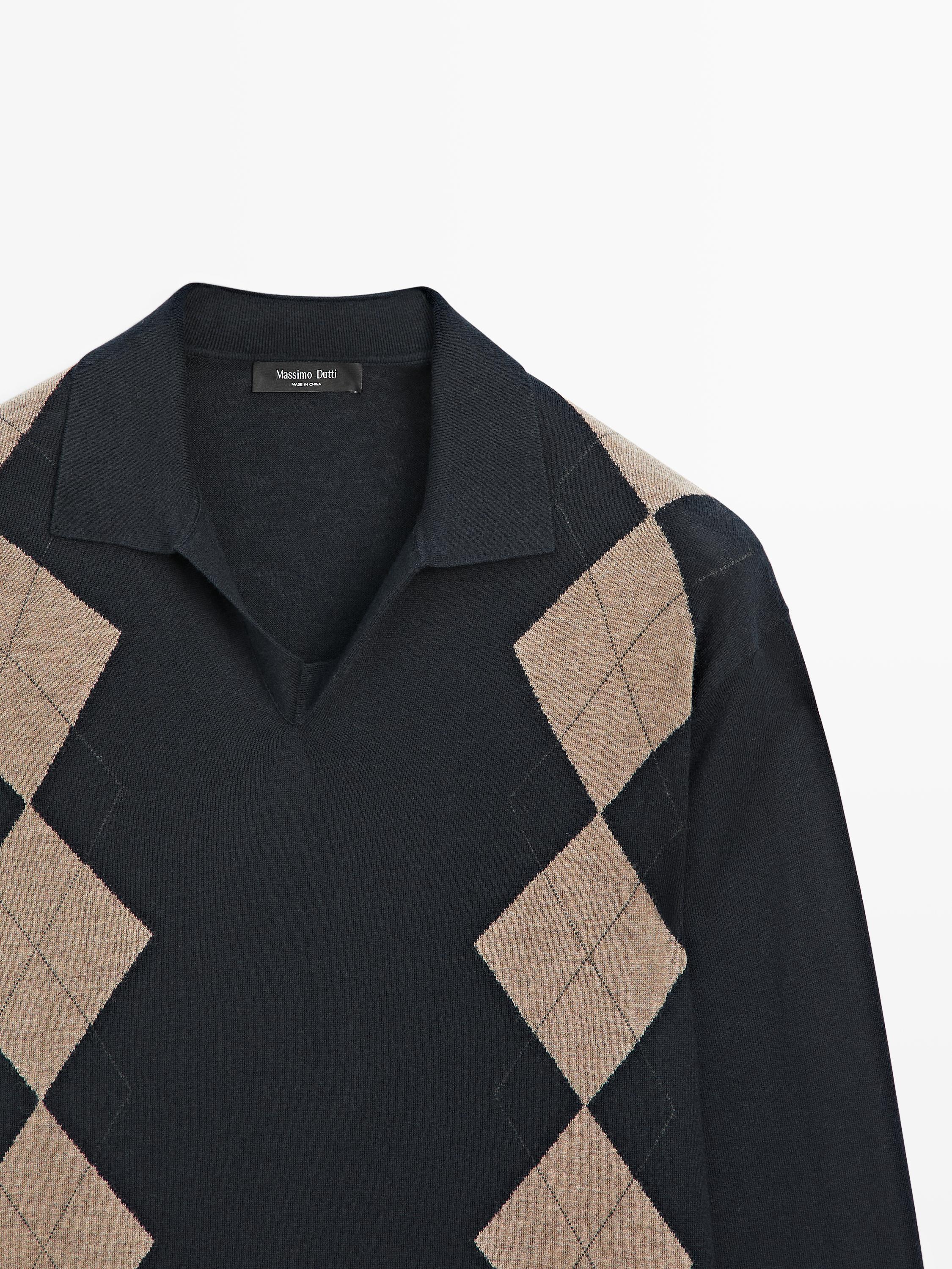 Pull polo laine en maille à losanges