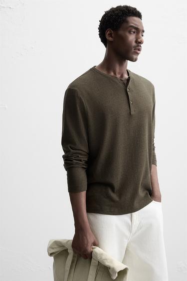 COTTON-LINEN T-SHIRT WITH BUTTON NECK - Dark green by Zara - Image 5