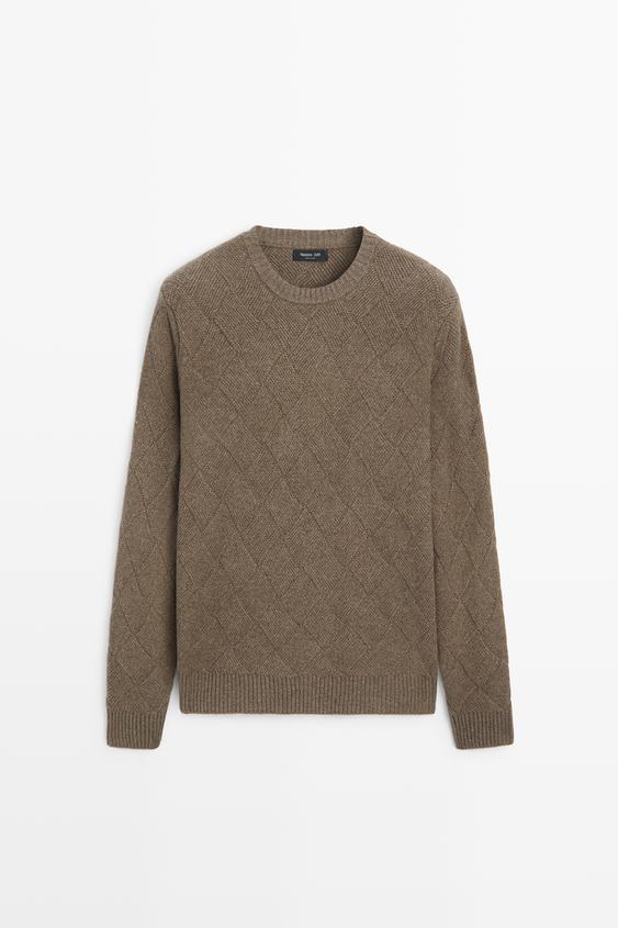 Zara Wool blend knit sweater with diamond texture - Mink - Image 0