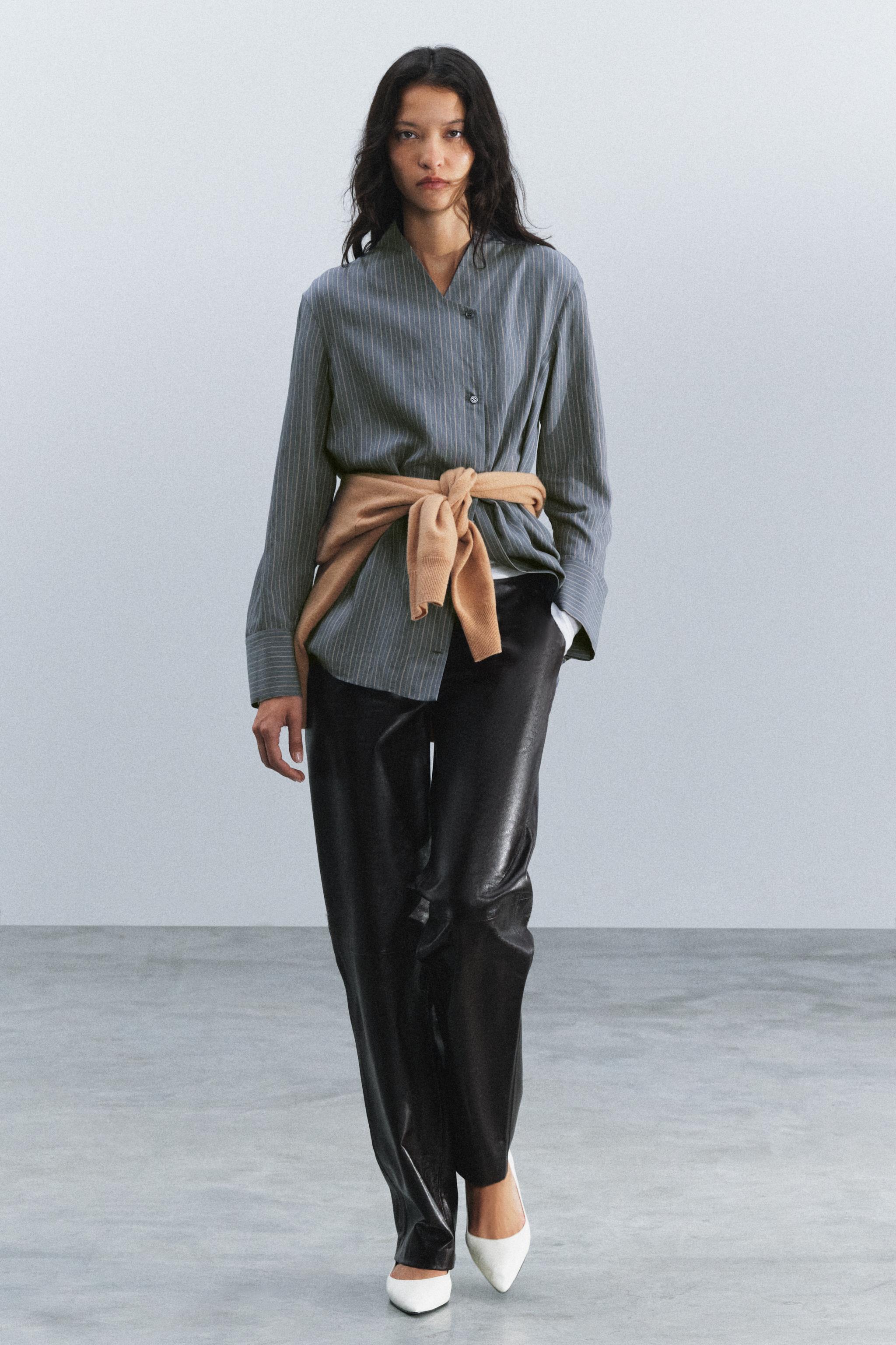 トップス Y ZW COLLECTION STRIPED CROSSOVER SHIRT - Gray / Tan | ZARA United