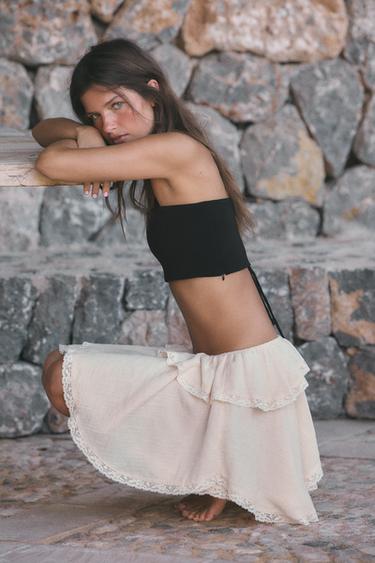 Zara LACE RUFFLED MINI SKIRT - White / Pink