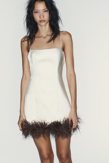 Zara FEATHER SATIN EFFECT DRESS - Bone