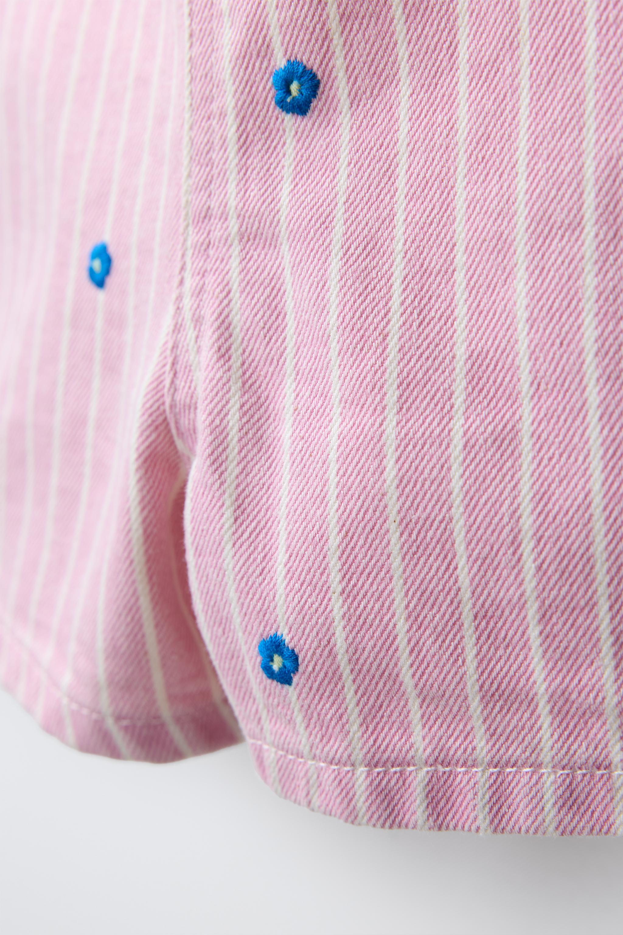 STRIPED & EMBROIDERED FLORAL TWILL OVERALL SHORTS
