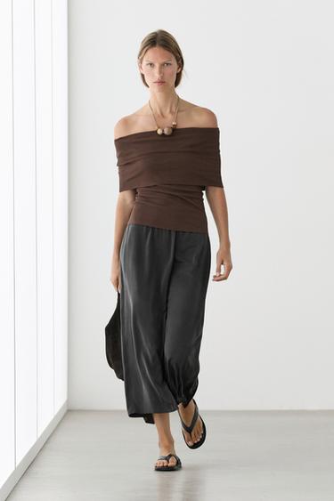 Zara Cotton off-the-shoulder top - Brown - Image 0
