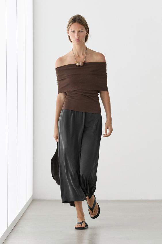 Zara Cotton off-the-shoulder top - Brown - Image 0